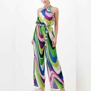 Sleeveless Wide-Leg Jumpsuit in Green Multi Swirl